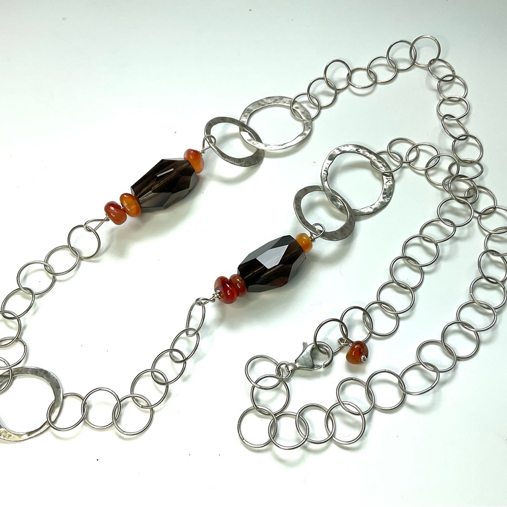 Sterling Silver Gemstone Long Necklace Hammered & Smooth Circles